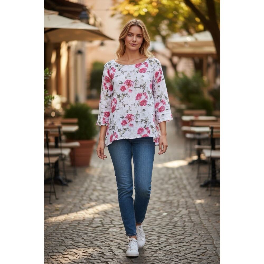 Inizio Made In Italy 100% Linen Blouse Pink Floral Lagenlook Resort Wear Size L